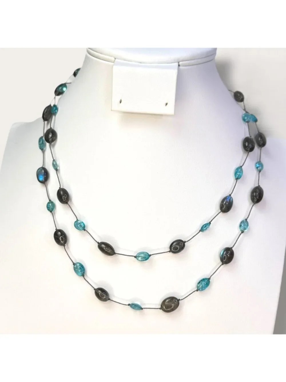 Handcrafted Sea Glass Bead Necklace Hand Knotted Aqua & Smoky Bead 36 inch EVC
